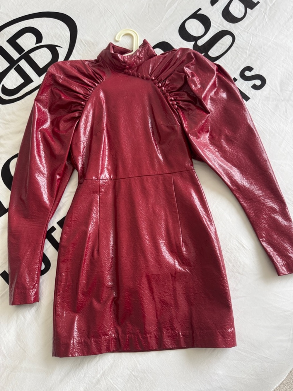 Structured Puff-Sleeve Mini Dress in Deep Wine